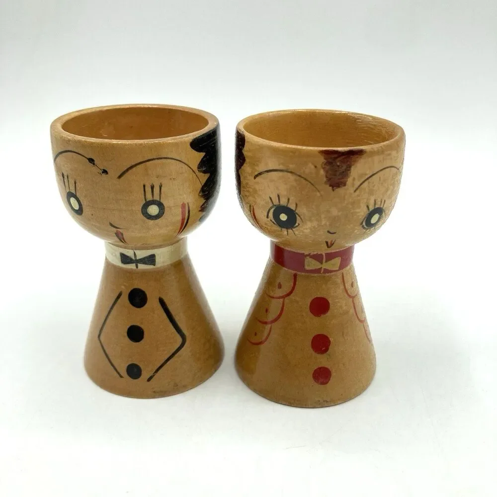 2 Vintage Wooden Japan Hand Painted Egg Cups His & Hers Mr & Mrs Folk Art Style